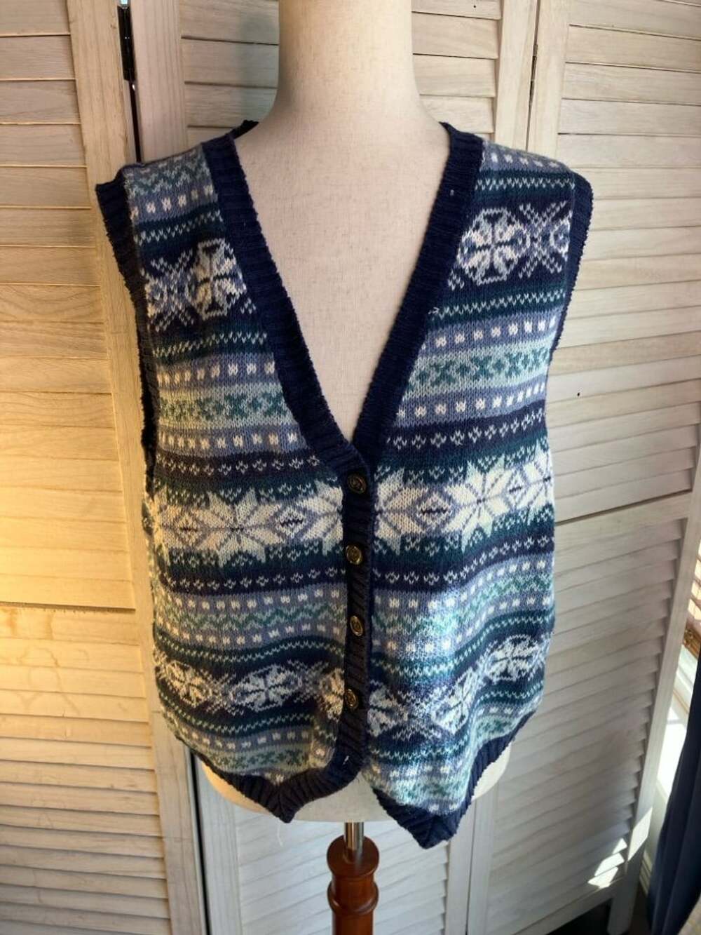 Vintage Fair Isle Knit Sweater Vest Blue Nordic V-Neck